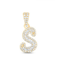 10K Yellow Gold Baguette Diamond Women's Script Font Initial S Pendant 1/3 CT