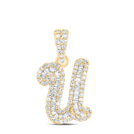 10K Yellow Gold Baguette Diamond Women's Script Font Initial U Pendant 3/8 CT