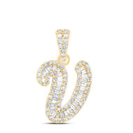 10K Yellow Gold Baguette Diamond Women's Script Font Initial V Pendant 3/8 CT