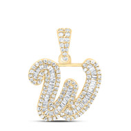 10K Yellow Gold Baguette Diamond Women's Script Font Initial W Pendant 1/2 CT