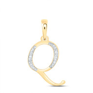 10K Yellow Gold Baguette Diamond Women's Script Font Initial Q Pendant 1/10 CT