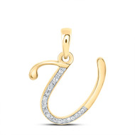 10K Yellow Gold Baguette Diamond Women's Script Font Initial U Pendant 1/10 CT