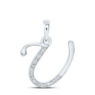 10K White Gold Baguette Diamond Women's Script Font Initial U Pendant 1/10 CT