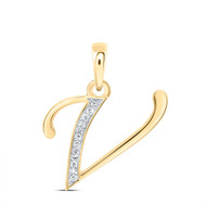10K Yellow Gold Baguette Diamond Women's Script Font Initial V Pendant 1/20 CT