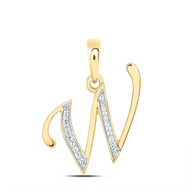 10K Yellow Gold Baguette Diamond Women's Script Font Initial W Pendant 1/12 CT