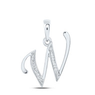 10K White Gold Baguette Diamond Women's Script Font Initial W Pendant 1/12 CT
