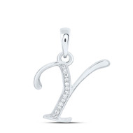 10K White Gold Baguette Diamond Women's Script Font Initial Y Pendant 1/20 CT