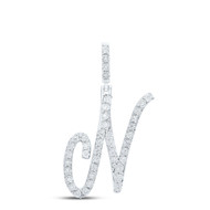 925 Sterling Silver Genuine Diamond Women's Script Font Initial N Pendant 1/6 CT