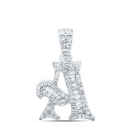 10K White Gold Baguette Diamond Old English Block Font Initial A Pendant 1/3 CT