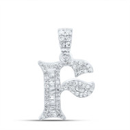 10K White Gold Baguette Diamond Old English Block Font Initial F Pendant 1/4 CT