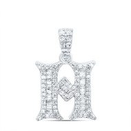 10K White Gold Baguette Diamond Old English Block Font Initial H Pendant 1/3 CT
