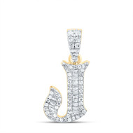 10K Yellow Gold Baguette Diamond Old English Block Font Initial J Pendant 1/4 CT