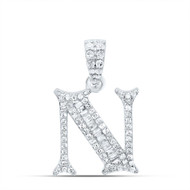 10K White Gold Baguette Diamond Old English Block Font Initial N Pendant 1/4 CT