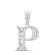 10K Yellow Gold Baguette Diamond Old English Block Font Initial P Pendant 1/4 CT