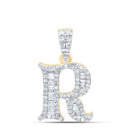 10K Yellow Gold Baguette Diamond Old English Block Font Initial R Pendant 1/3 CT