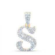 10K Yellow Gold Baguette Diamond Old English Block Font Initial S Pendant 1/4 CT