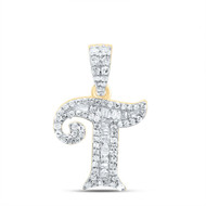 10K Yellow Gold Baguette Diamond Old English Block Font Initial T Pendant 1/3 CT
