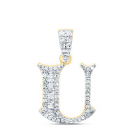 10K Yellow Gold Baguette Diamond Old English Block Font Initial U Pendant 1/4 CT