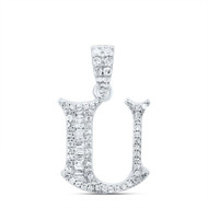 10K White Gold Baguette Diamond Old English Block Font Initial U Pendant 1/4 CT