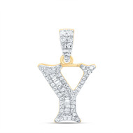 10K Yellow Gold Baguette Diamond Old English Block Font Initial Y Pendant 1/4 CT