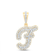 10K Yellow Gold Genuine Diamond Women's Cursive Font Initial F Pendant 3/8 CT