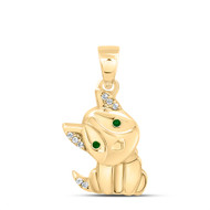 925 Silver Gold Plated Genuine Emerald & Diamond Cute Puppy Dog Pendant 0.03 CT