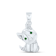 925 Sterling Silver Real Emerald & Diamond Womens Cute Puppy Dog Pendant 0.03 CT