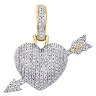 10K Yellow Gold Round Diamond Domed Puff Arrow Heart Pendant 1.10" Charm 1/2 CT.