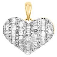 10K Yellow Gold Round & Baguette Diamond Dome Heart Pendant 0.75" Charm 1/2 CT.
