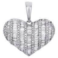 10K White Gold Round & Baguette Diamond Domed Heart 0.95" Pendant Charm 1 CT.
