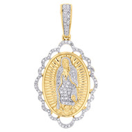 10K Yellow Gold Genuine Diamond Faceted Oval Frame Mother Mary Pendant 1/5 CT