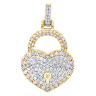 10K Yellow Gold Round Diamond Heart & Lock Pendant 1.20" Statement Charm 1.50 CT