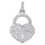 10K White Gold Round Diamond Heart & Lock Pendant 1.20" Statement Charm 1.50 CT.