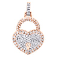 10K Rose Gold Round Diamond Heart & Lock Pendant 1.20" Statement Charm 1.50 CT.