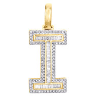 10K Yellow Gold Baguette Diamond Letter I Mini Pendant 1.2" Initial Charm 4/9 CT