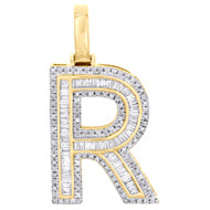 10K Yellow Gold Baguette Diamond Letter R Pendant 1.20" Initial Charm 0.65 CT.