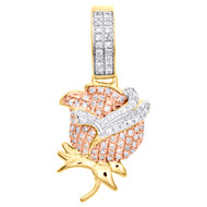 10K Yellow Gold Round Diamond Rose Flower Statement Pendant 1" Pave Charm 1/4 CT