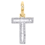 10K Yellow Gold Baguette Diamond Letter T Mini Pendant 1" Initial Charm 0.45 CT.