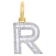 10K Yellow Gold Baguette Diamond Letter R Pendant 1" Block Initial Charm 0.55 CT