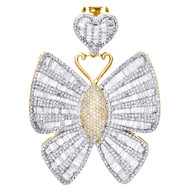 10K Yellow Gold Round & Baguette Diamond Butterfly Pendant 2.10" Charm 6 CT.