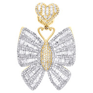 10K Yellow Gold Round & Baguette Diamond Butterfly Pendant 1.50" Charm 2.80 CT.