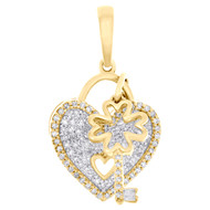 10K Yellow Gold Natural Diamond Heart Lock & 4 Leaf Clover Key Pendant 1/3 CT
