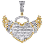 10K Two Tone Gold Real Baguette Diamond Love Heart Lock w/ Wings Pendant 1.10 CT
