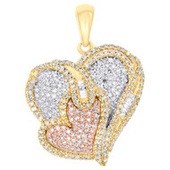 10K TriColor Gold Real Baguette Diamond Layer Charm Double Heart Pendant 0.55 CT