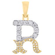 10K Yellow Gold Real Diamond Flared Block Font Letter R Initial Pendant 0.16 CT