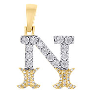 10K Yellow Gold Real Diamond Flared Block Font Letter N Initial Pendant 0.20 CT