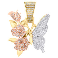 10K Tri-Tone Gold Natural Round Diamond Women's Butterfly & Roses Pendant 1/4 CT