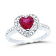 925 Sterling Silver Diamond & Created Ruby Heart Solitaire Engagement Ring 1 TCW