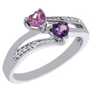 925 Sterling Silver Created Amethyst & Diamond Double Heart Promise Ring 1/20 Ct