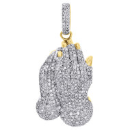10K Yellow Gold Round Diamond Pendant Praying Hands 1.45" Mens Pave Charm 1 ct.